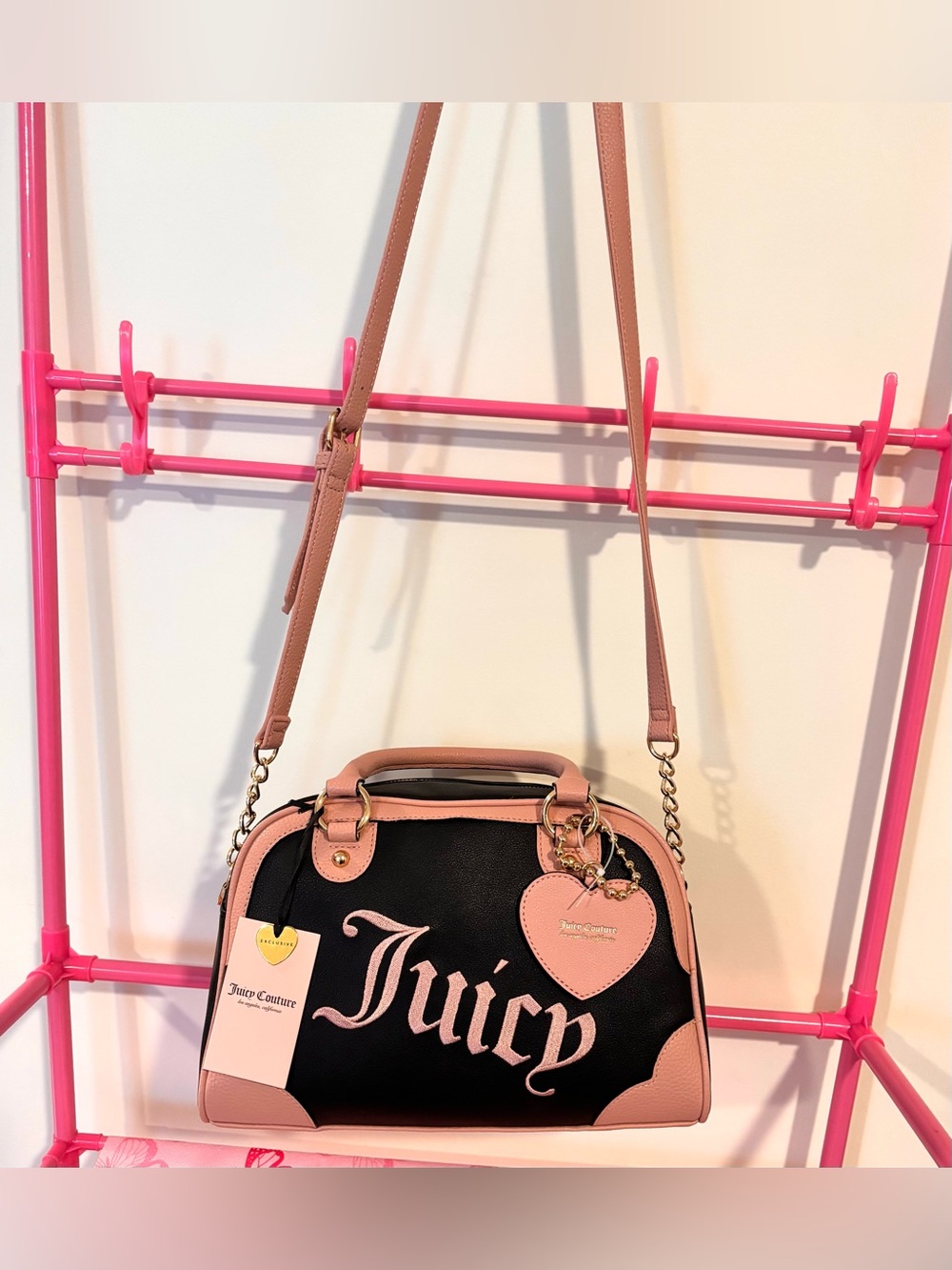 Juicy Couture Black Pink Satchel Crossbody Bag NWT Heart Charm Y2K